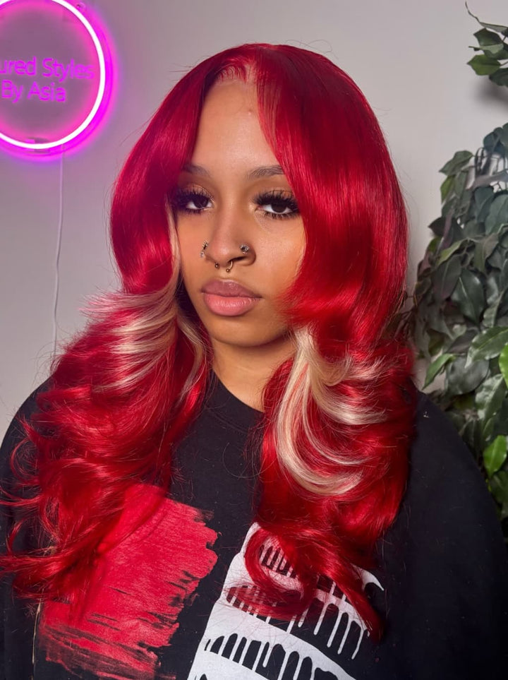 Dorsanee Burgundy Hot Red With Blonde Highlights 13x4 Lace Front Human Hair Wigs 200 Density