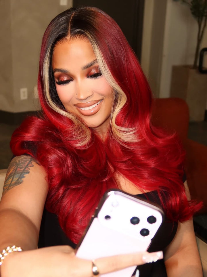 Dorsanee Burgundy Red Honey Blonde Skunk Stripe Dark Roots 13x4 Lace Front Human Hair Wig
