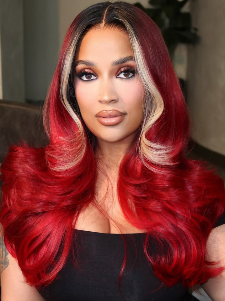 Dorsanee Burgundy Red Honey Blonde Skunk Stripe Dark Roots 13x4 Lace Front Human Hair Wig