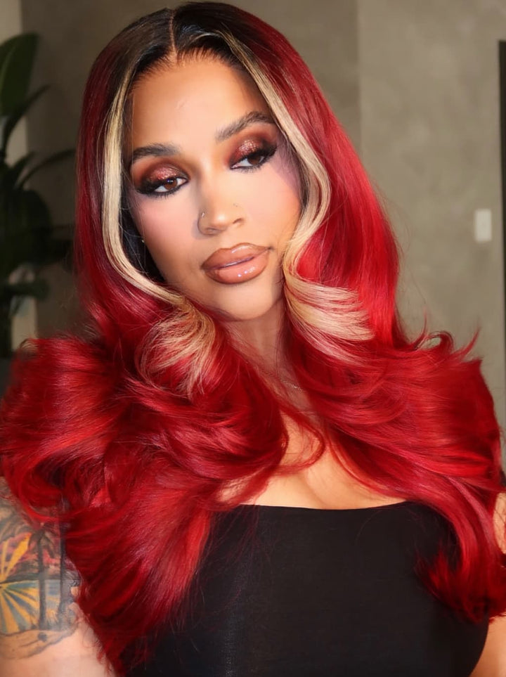 Dorsanee Burgundy Red Honey Blonde Skunk Stripe Dark Roots 13x4 Lace Front Human Hair Wig