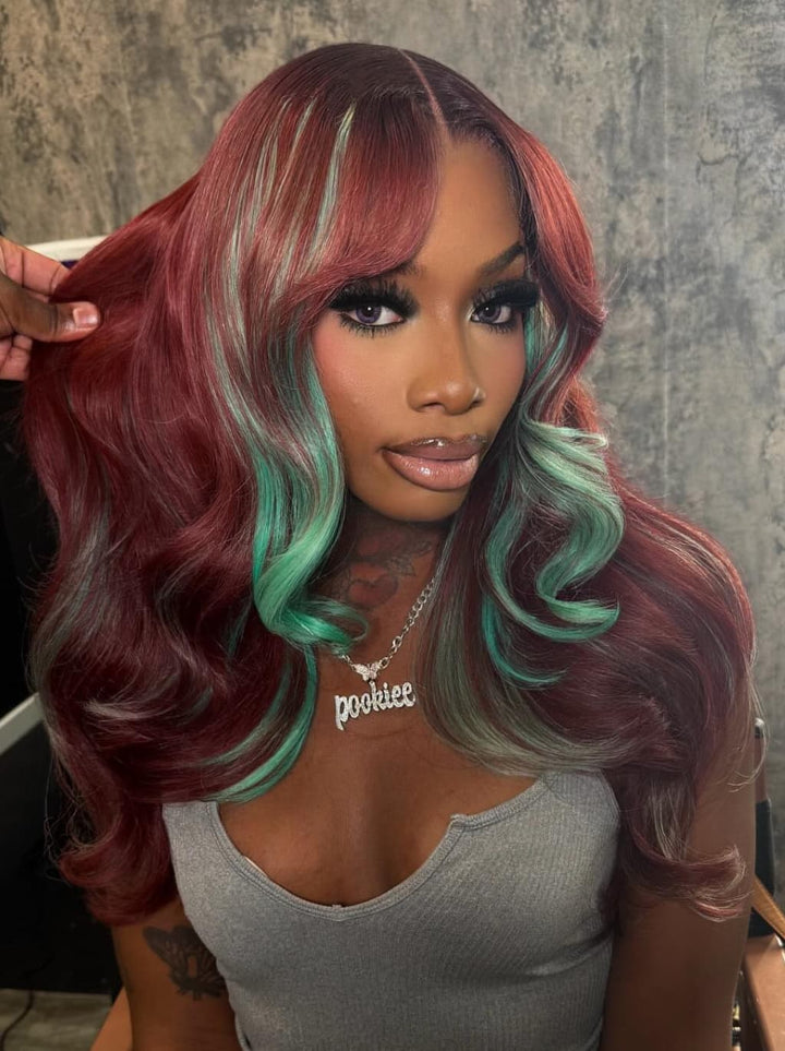 Dorsanee Burgundy Red With Green Highlights 13x4 Lace Front Virgin Human Hair Wigs 200 Density