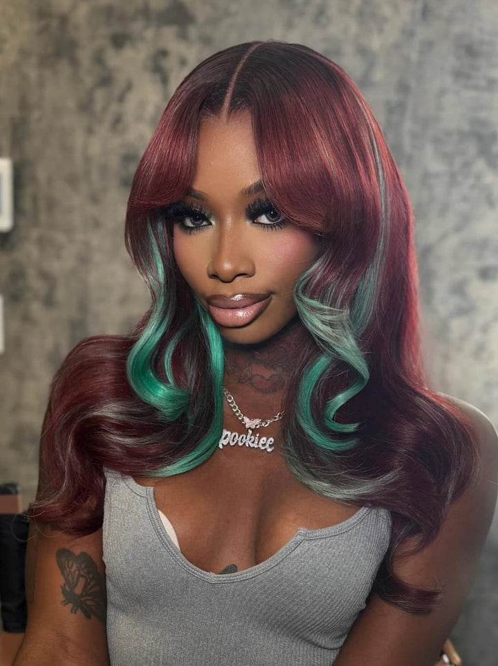Dorsanee Burgundy Red With Green Highlights 13x4 Lace Front Virgin Human Hair Wigs 200 Density