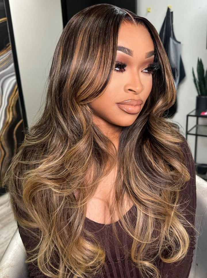 Dorsanee Caramel Brown Honey Blonde Highlights 13x4 Lace Front Human Hair Wigs 200 Density