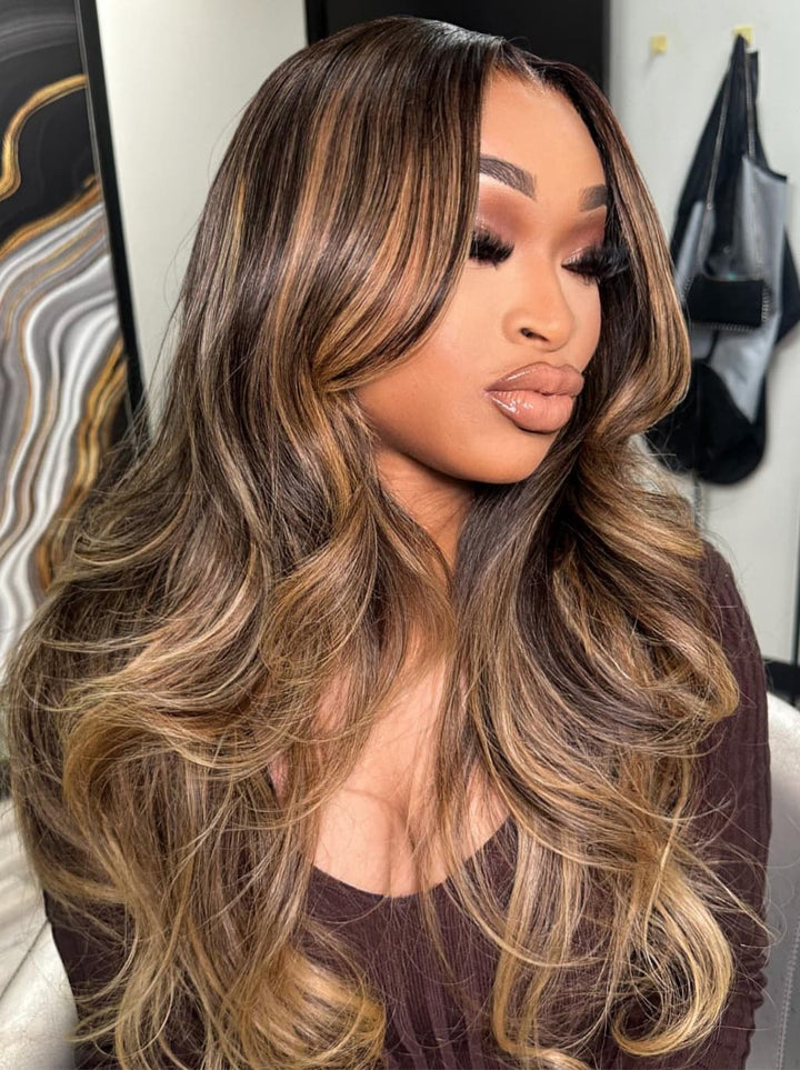 Dorsanee Caramel Brown Honey Blonde Highlights 13x4 Lace Front Human Hair Wigs 200 Density