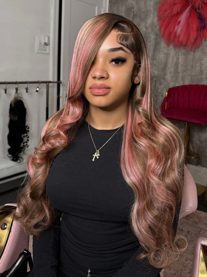 Dorsanee Chocolate Brow Pink Highlight Streaks 13x4 Lace Front Virgin Human Hair Wig