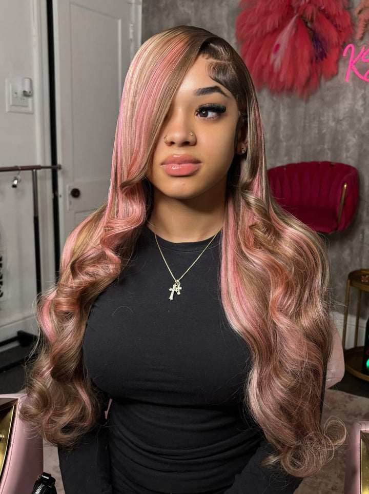 Dorsanee Chocolate Brow Pink Highlight Streaks 13x4 Lace Front Virgin Human Hair Wig
