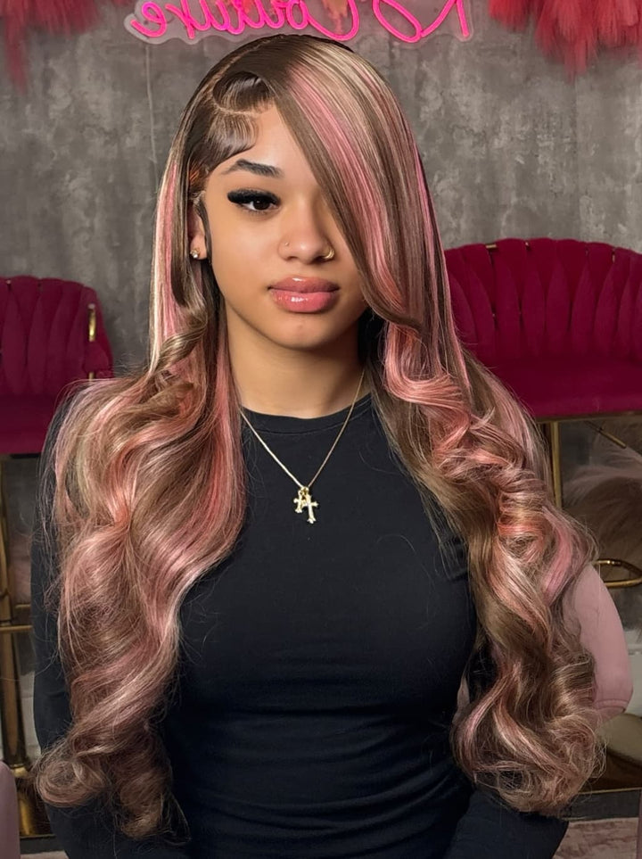Dorsanee Chocolate Brow Pink Highlight Streaks 13x4 Lace Front Virgin Human Hair Wig