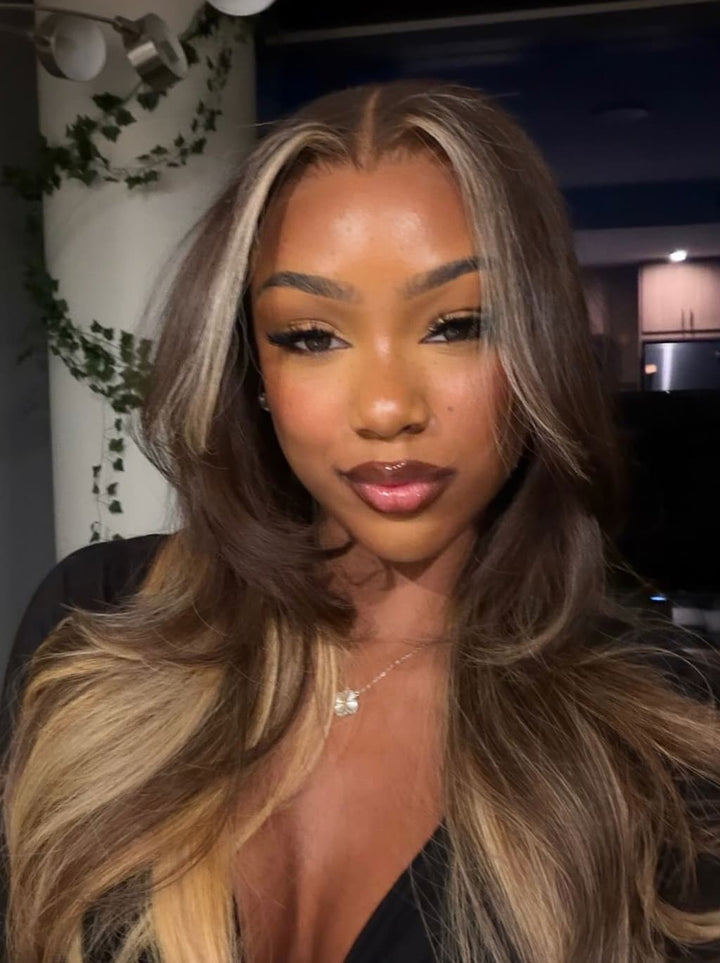 Dorsanee Chocolate Brown Honey Blonde Face-Framing Balayage 13x4 Lace Front Virgin Human Hair Wigs 200 Density