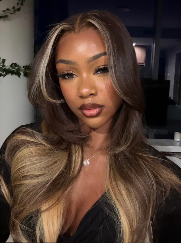 Dorsanee Chocolate Brown Honey Blonde Face-Framing Balayage 13x4 Lace Front Virgin Human Hair Wigs 200 Density
