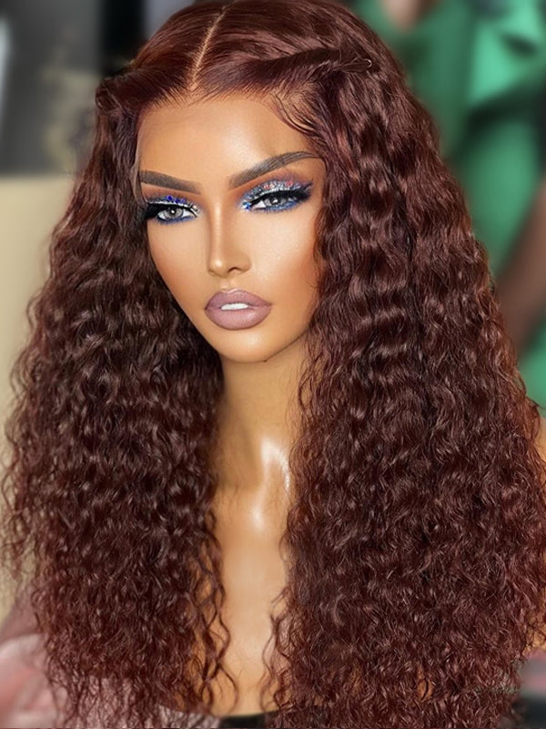 Deep Wave Frontal Wig Pre Plucked Brown Colored Deep Curly Human Hair Wig