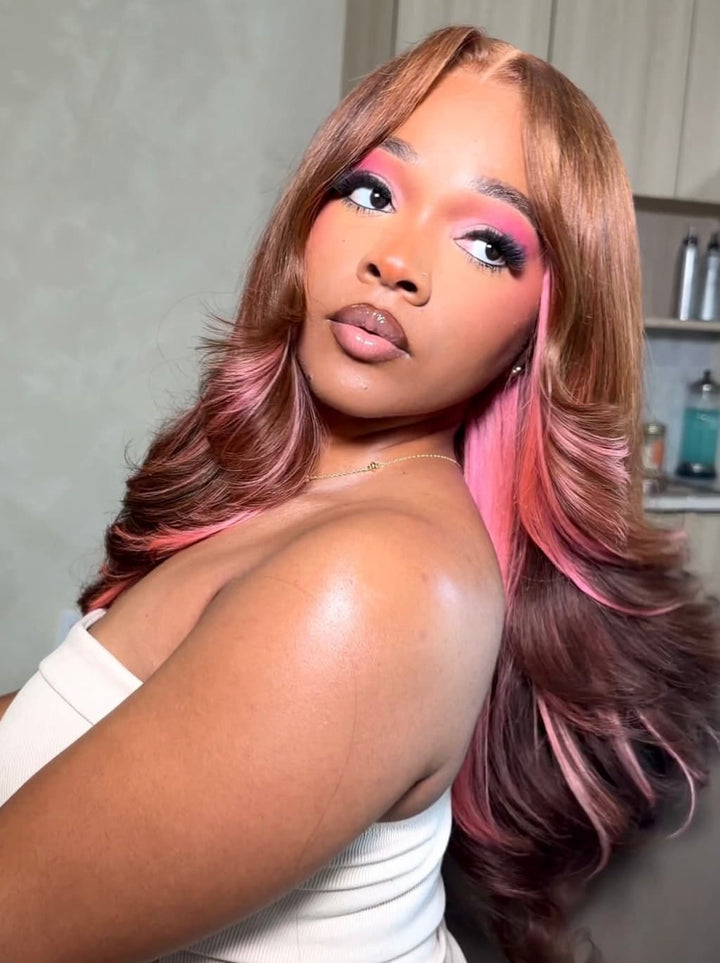 Dorsanee Chocolate Brown Rose Pink Highlights 13x4 Lace Front Human Hair Wig 200 Density