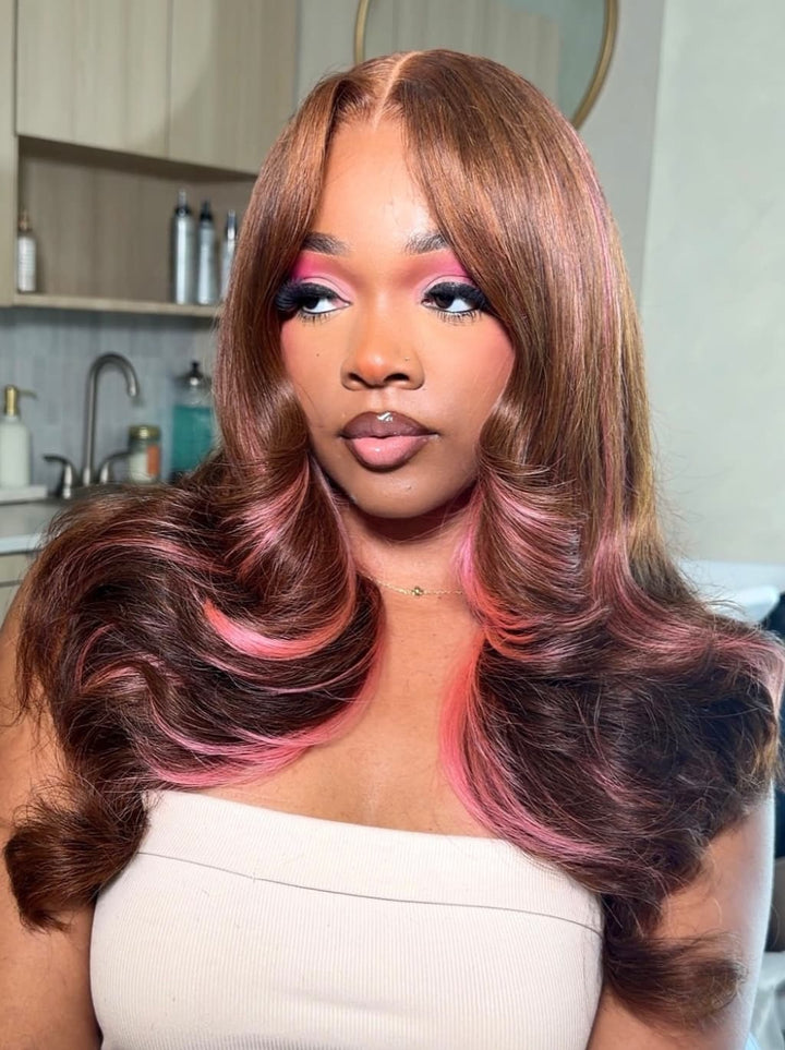 Dorsanee Chocolate Brown Rose Pink Highlights 13x4 Lace Front Human Hair Wig 200 Density
