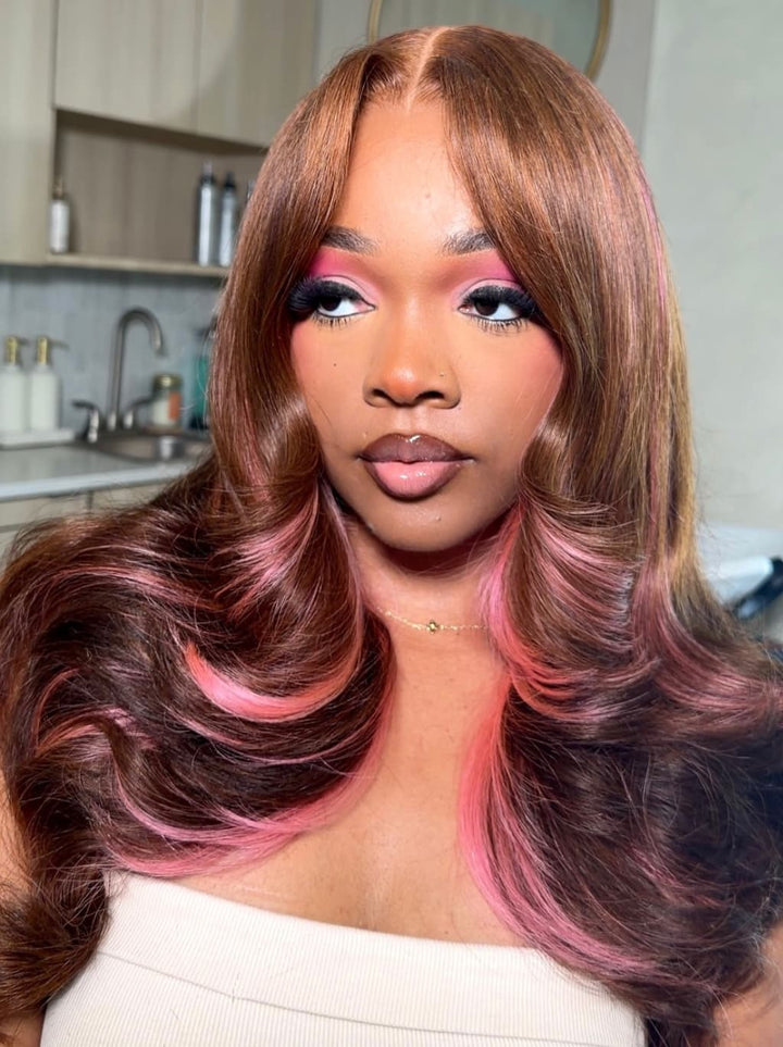 Dorsanee Chocolate Brown Rose Pink Highlights 13x4 Lace Front Human Hair Wig 200 Density