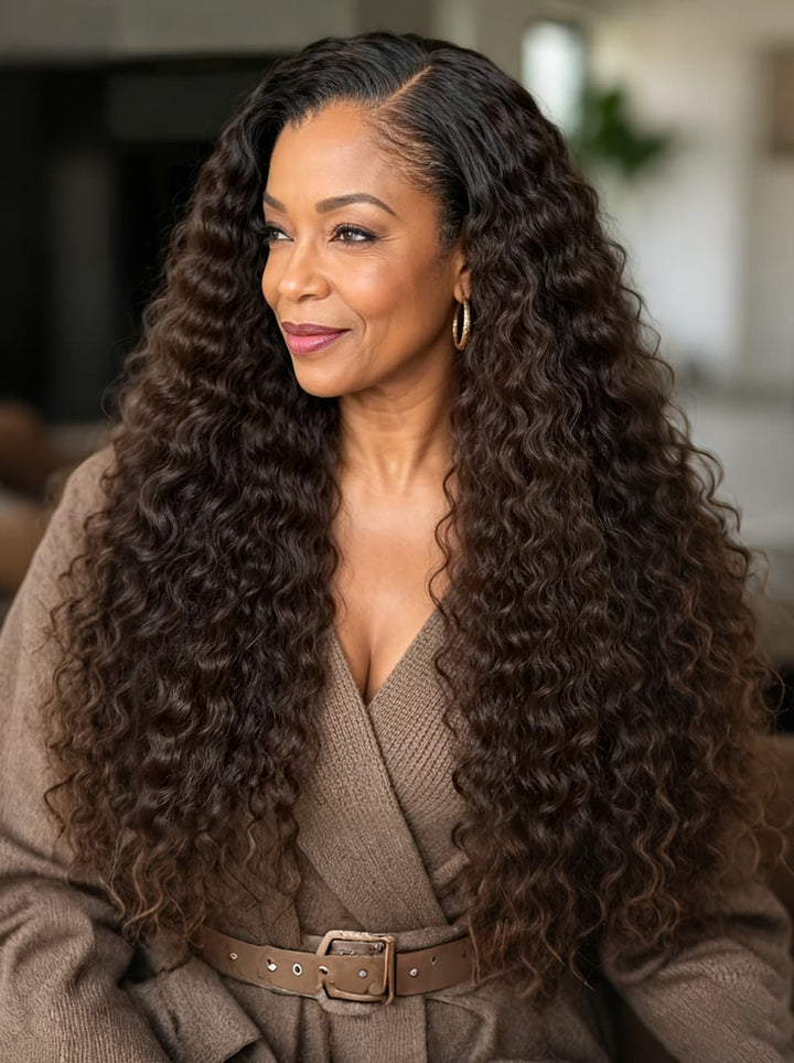 Dorsanee Chocolate Brown with Dark Roots Seniors Mature Deep Curly Human Hair Wig
