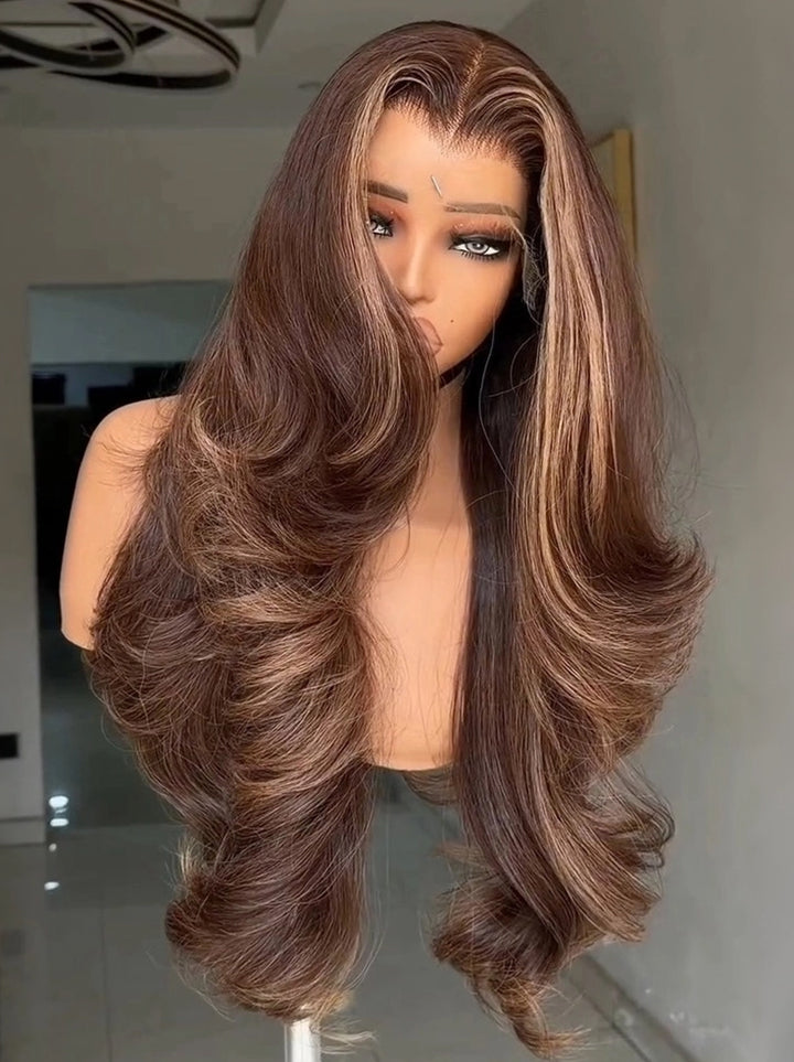 Dorsanee Chocolate Chestnut Brown With Caramel Honey Blonde Highlights 13x4 Lace Front Human Hair Wig