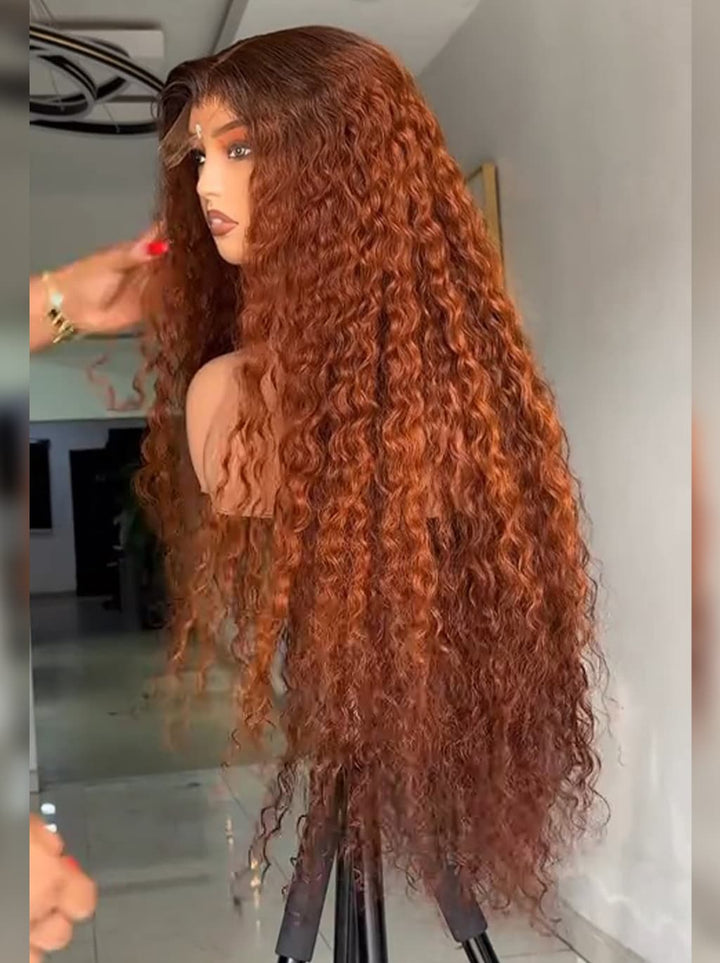 Dorsanee Copper Auburn Orange Brown Deep Curly 250 300 Density 13x4 Lace Front Human Hair Wig