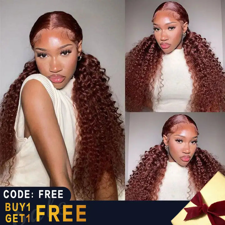 Dorsanee Hair Reddish Brown Auburn Color Jerry Curly Hair 13x4 HD Lace Front Human Hair Wig For Black Women-buy one get one