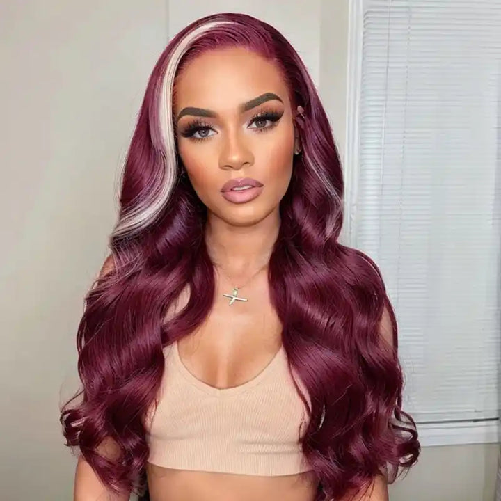 Dorsanee Hair Skunk Stripe Wig #613/99J Burgundy Color Highlight 13x4 Lace Front 200% Density Body Wave Wig For Black Women