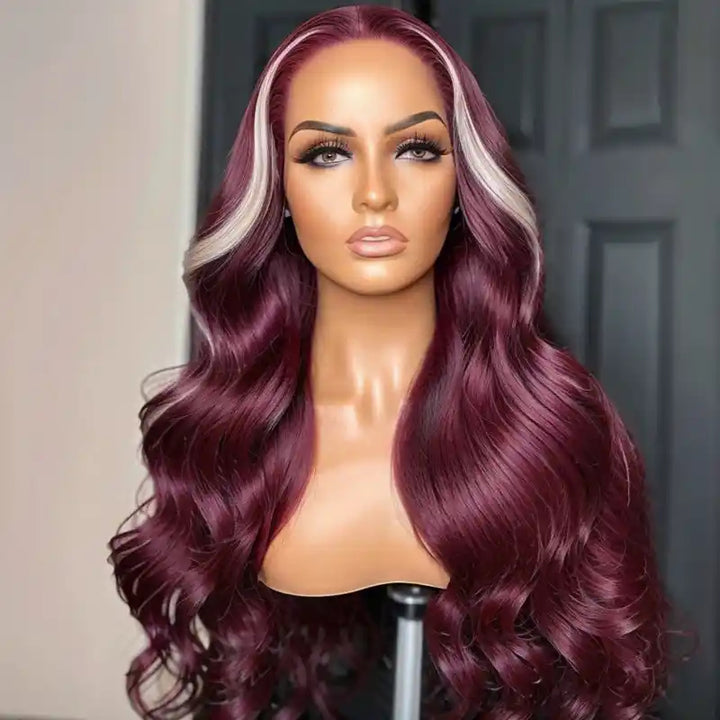 Dorsanee Hair Skunk Stripe Wig #613/99J Burgundy Color Highlight 13x4 Lace Front 200% Density Body Wave Wig For Black Women