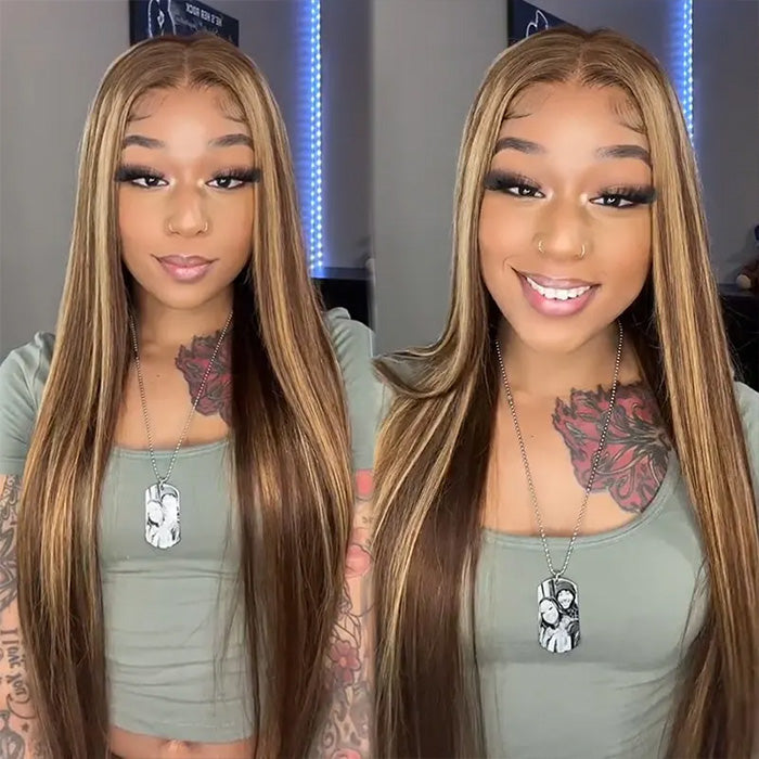 Honey Blonde Highlight Straight 13x4 Lace Front HD Lace Wear & Go Glueless Human Hair Wigs