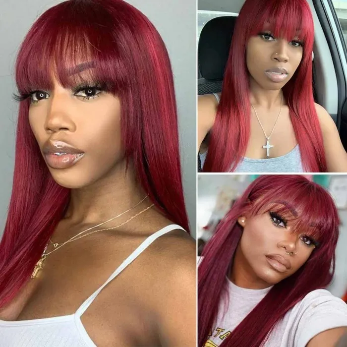 99J Burgundy Straight Wigs With Bangs Glueless Breathable Burgundy Colored Human Hair Wigs For Women