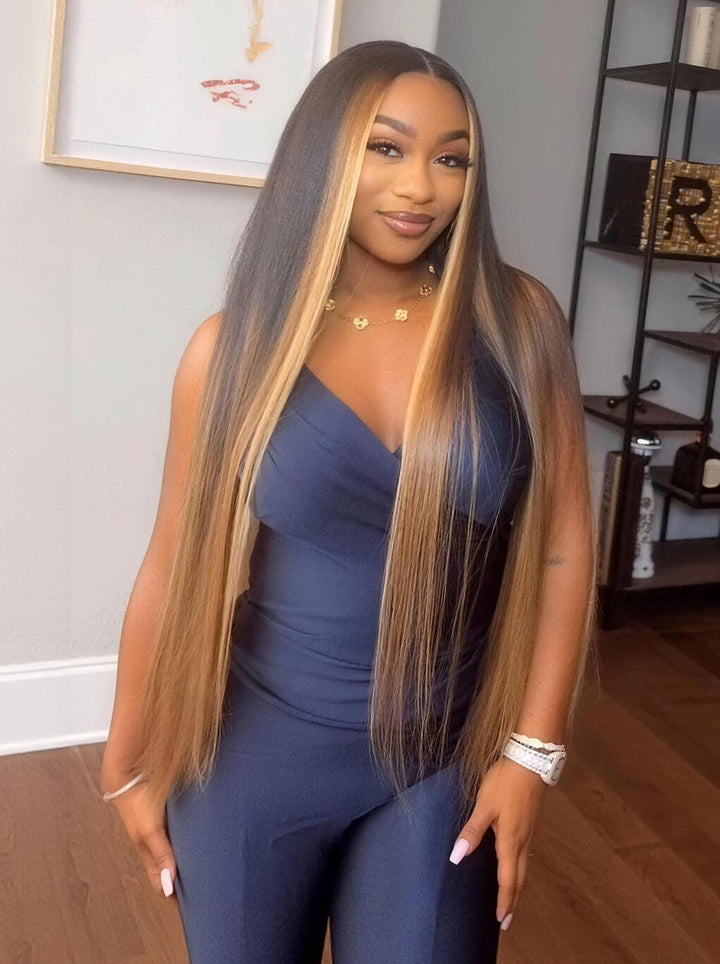 Dorsanee Dark Brown Caramel Blonde Face-Framing Highlights Bone Straight 300 Density 13x4 Lace Front Human Hair Wigs
