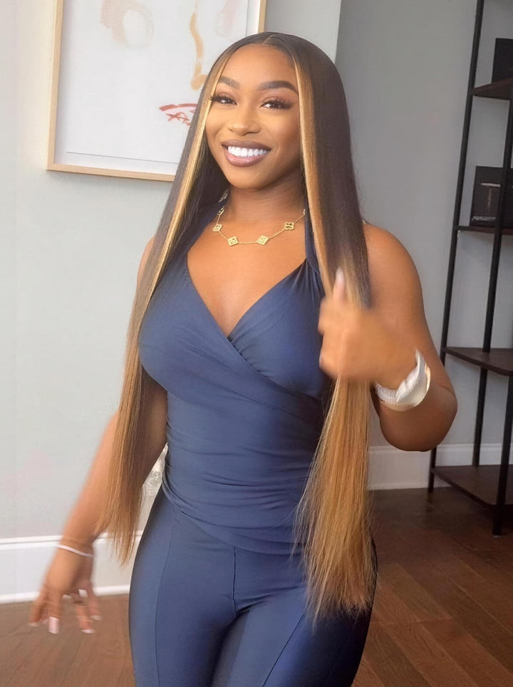 Dorsanee Dark Brown Caramel Blonde Face-Framing Highlights Bone Straight 300 Density 13x4 Lace Front Human Hair Wigs
