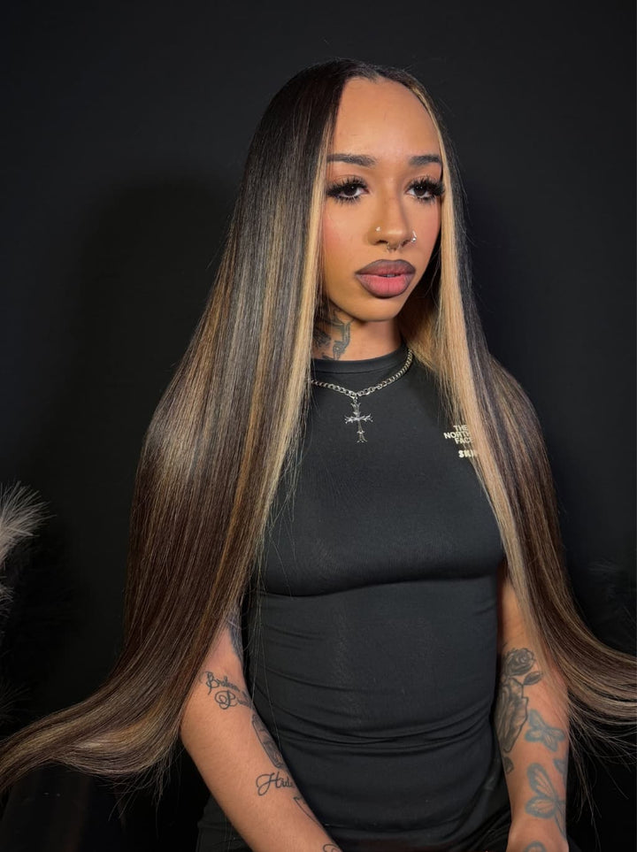 Dorsanee Dark Brown Caramel Blonde Highlights Bone Straight 13x4 Lace Front Human Hair Wig