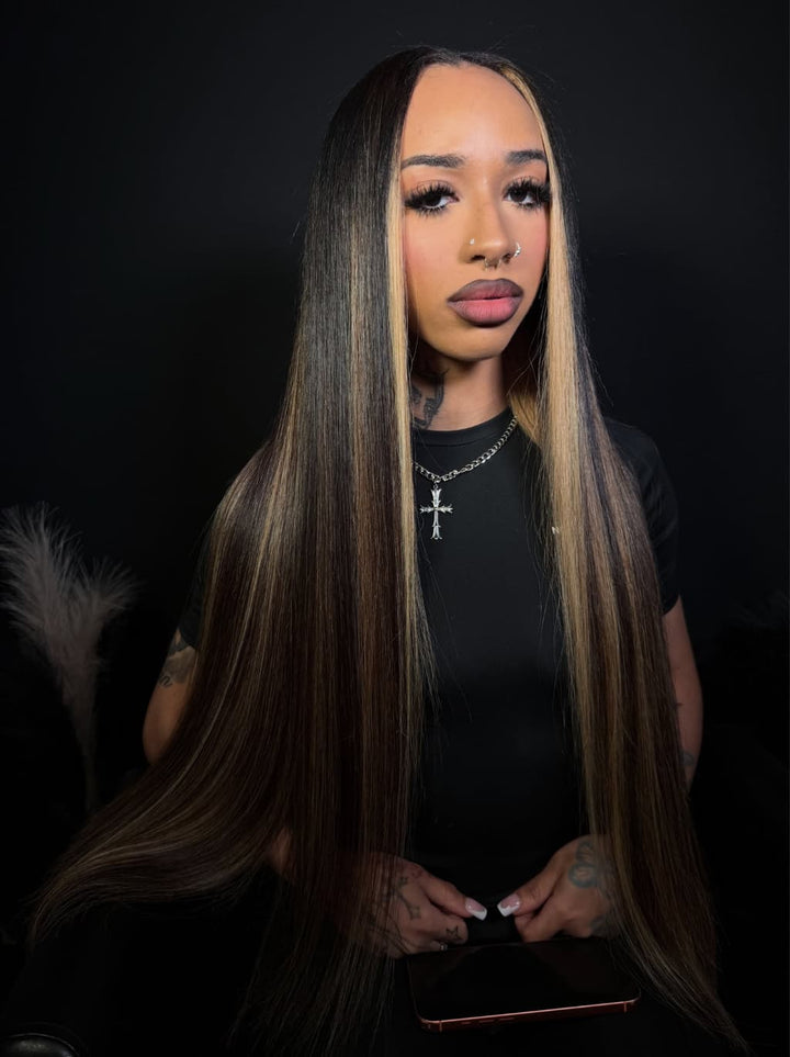 Dorsanee Dark Brown Caramel Blonde Highlights Bone Straight 13x4 Lace Front Human Hair Wig
