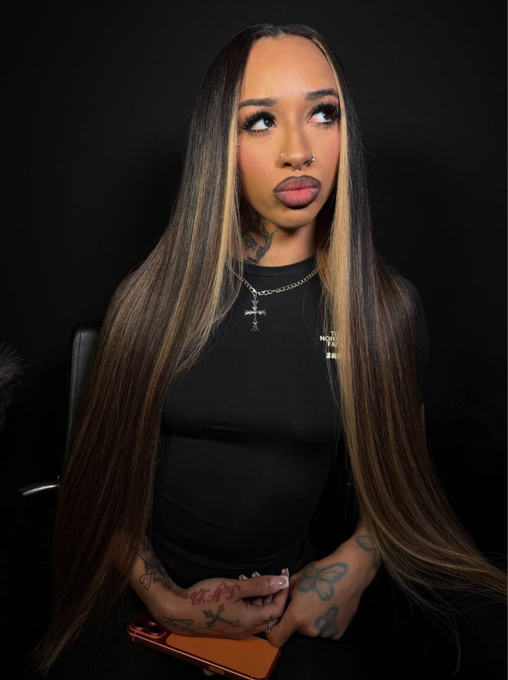 Dorsanee Dark Brown Caramel Blonde Highlights Bone Straight 13x4 Lace Front Human Hair Wig