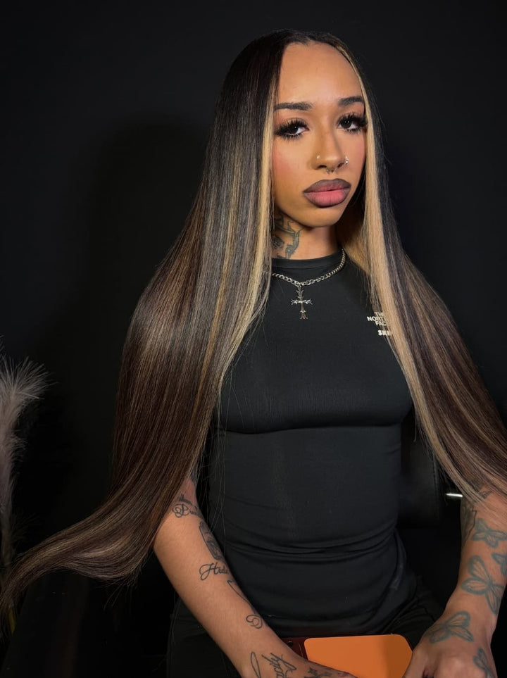 Dorsanee Dark Brown Caramel Blonde Highlights Bone Straight 13x4 Lace Front Human Hair Wig
