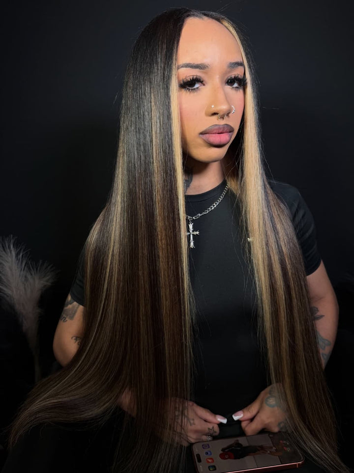 Dorsanee Dark Brown Caramel Blonde Highlights Bone Straight 13x4 Lace Front Human Hair Wig