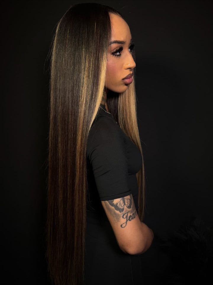 Dorsanee Dark Brown Caramel Blonde Highlights Bone Straight 13x4 Lace Front Human Hair Wig