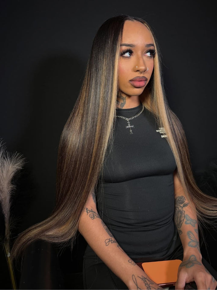 Dorsanee Dark Brown Caramel Blonde Highlights Bone Straight 13x4 Lace Front Human Hair Wig