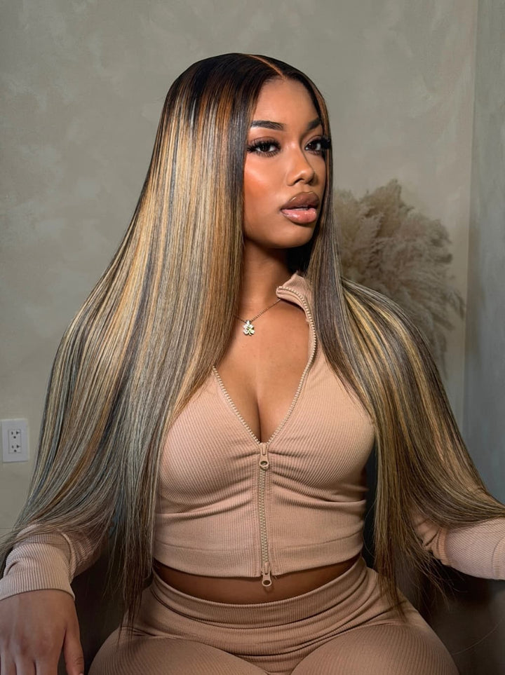 Dorsanee Dark Brown Caramel Blonde Highlights Bone Straight 300 Density 13x4 Lace Front Human Hair Wigs