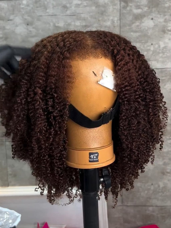 Dorsanee Dark Burgundy Brown Coily Kinky Curly Short Bob 13x4 Lace Front Human Hair Wigs