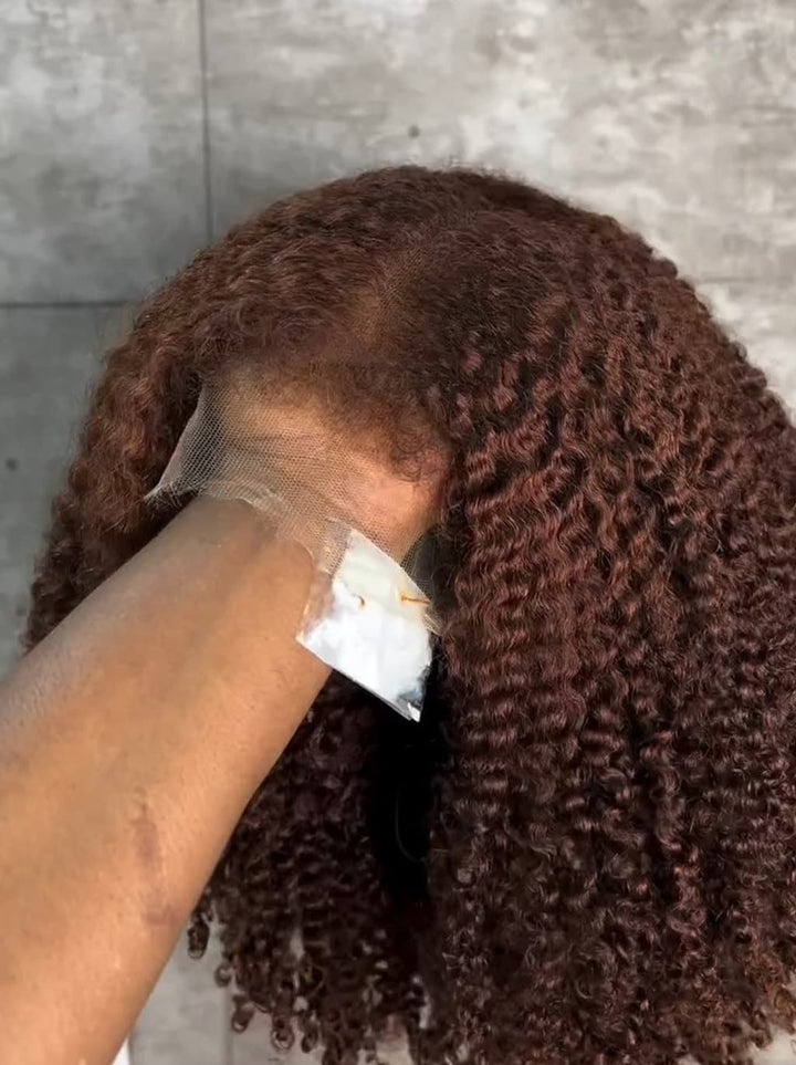 Dorsanee Dark Burgundy Brown Coily Kinky Curly Short Bob 13x4 Lace Front Human Hair Wigs
