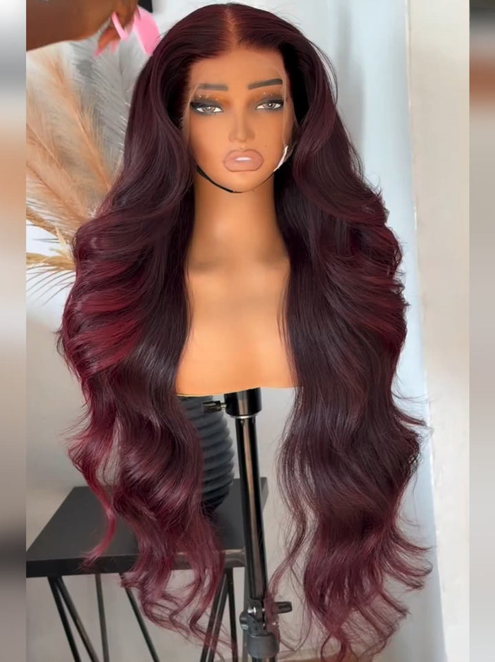 Dorsanee Dark Burgundy Red Loose Wavy 300 Density 13x4 Lace Front Human Hair Wigs