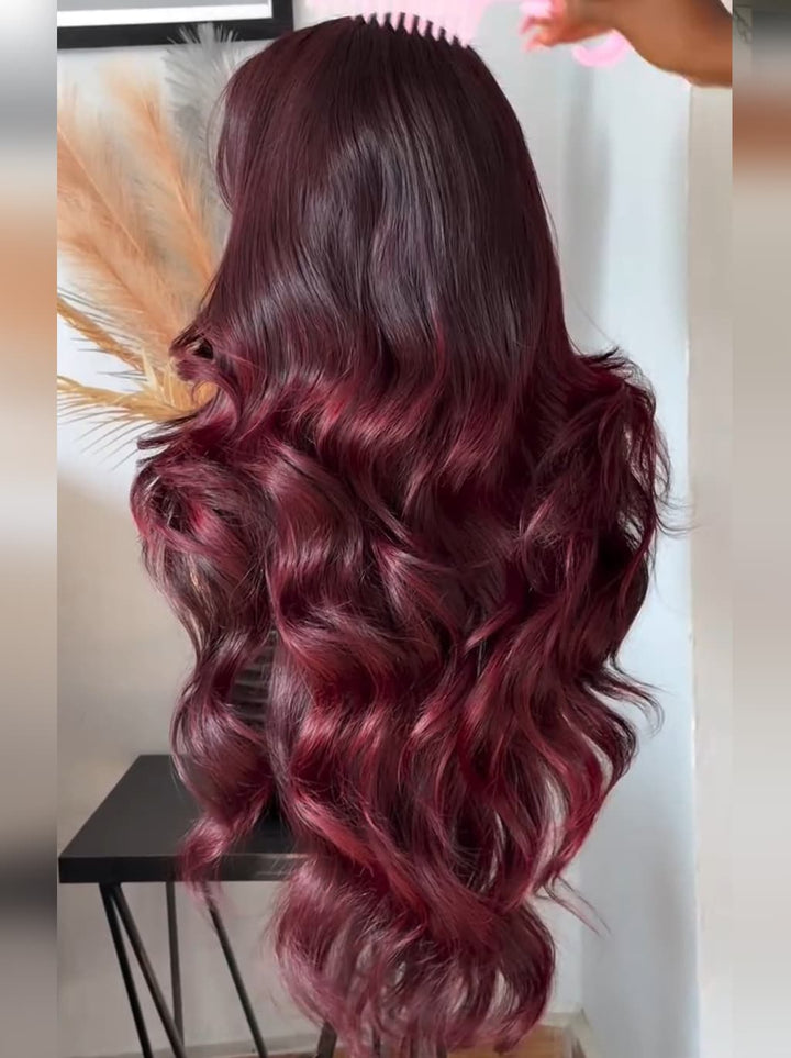 Dorsanee Dark Burgundy Red Loose Wavy 300 Density 13x4 Lace Front Human Hair Wigs