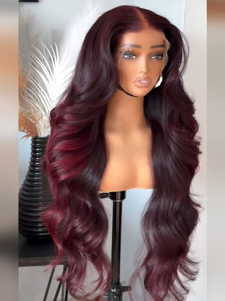 Dorsanee Dark Burgundy Red Loose Wavy 300 Density 13x4 Lace Front Human Hair Wigs
