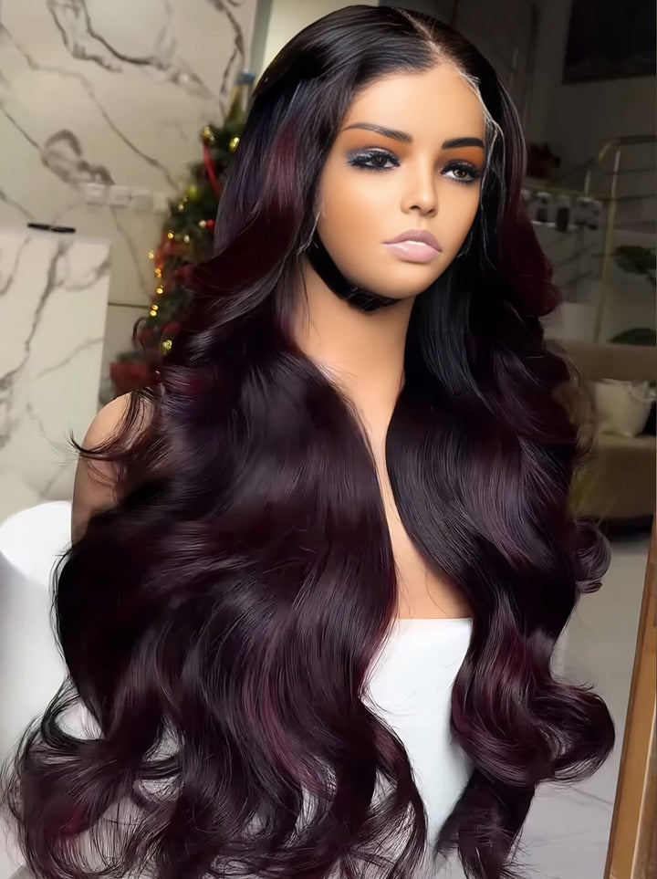 Dorsanee Dark Burgundy Red Natural Wave Long wigs Remy Human Hair 250 300 Density