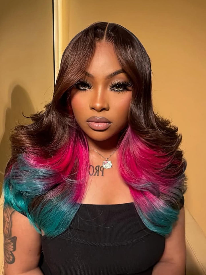 Dorsanee Dark Chocolate Brown With Vibrant Hot Pink Bold Turquoise Teal Green Ombre 13X4 Lace Front Human Hair Wigs