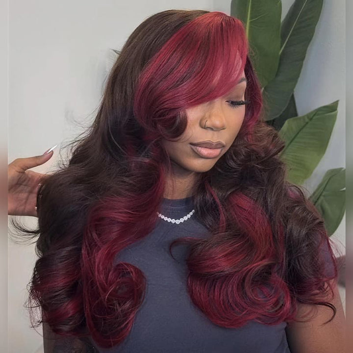 Dorsanee Dark Chocolate Brown with Burgundy Cherry Red Highlights 13x4 Lace Front Virgin Human Hair Wig