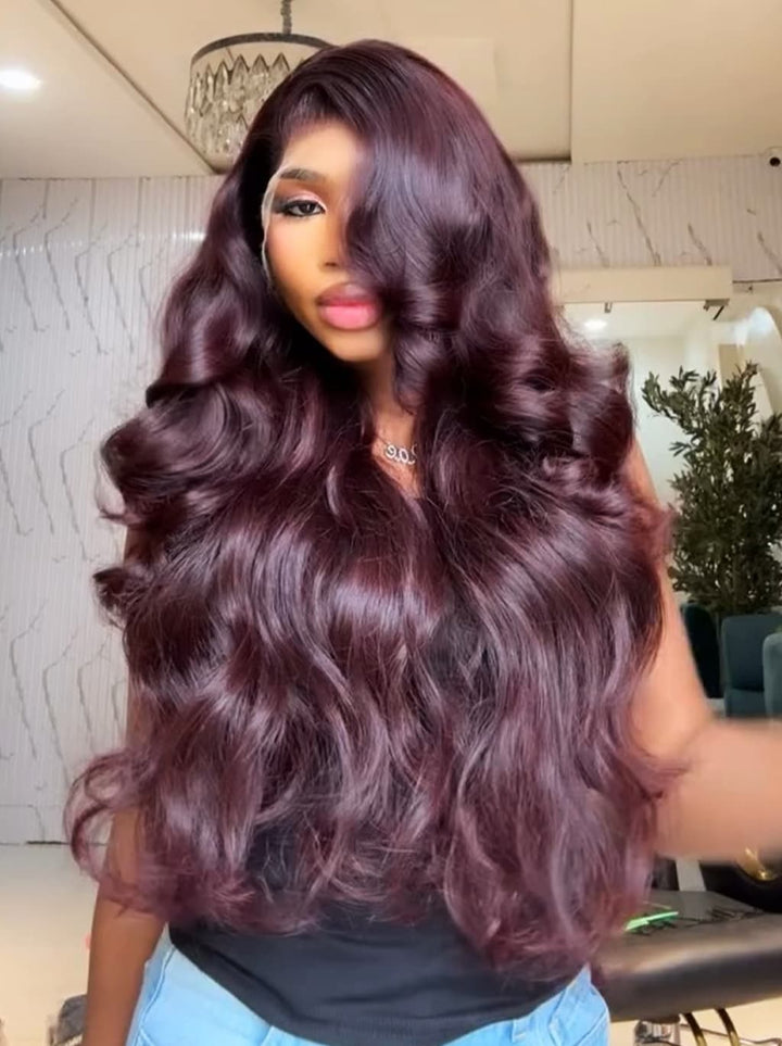 Dorsanee Dark Purple Burgundy Red Bouncy Loose Wave 13X4 Lace Front Remy Human Hair Wigs 250 300 Density