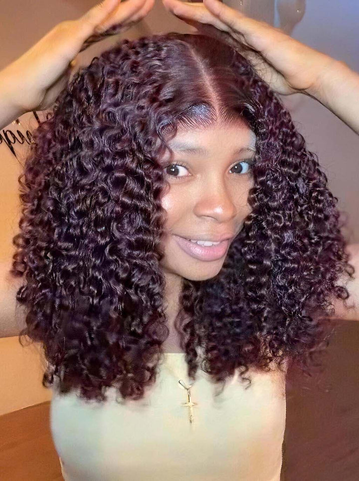 Dorsanee Deep Burgundy Red Defined Tight Curly Short Bob 13x4 Lace Front Human Hair Wigs
