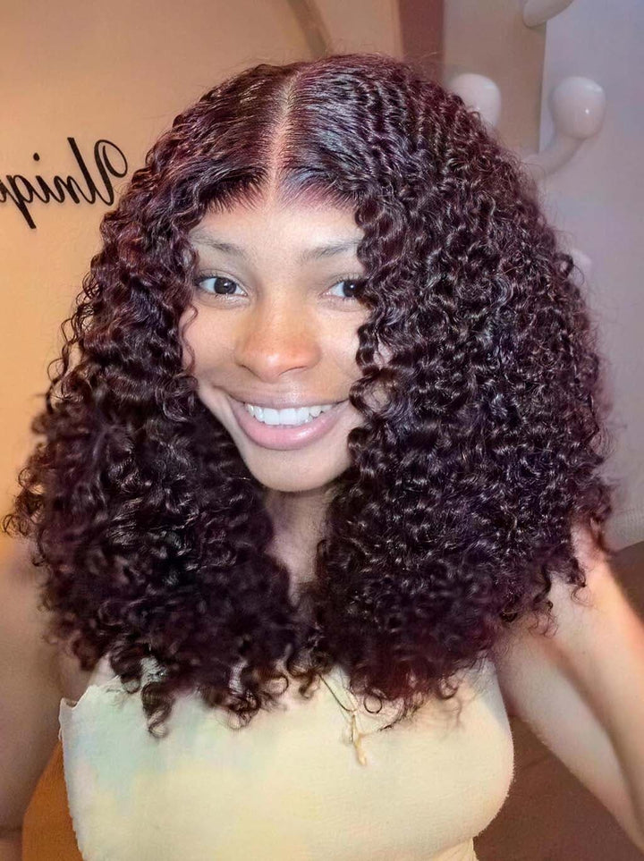 Dorsanee Deep Burgundy Red Defined Tight Curly Short Bob 13x4 Lace Front Human Hair Wigs