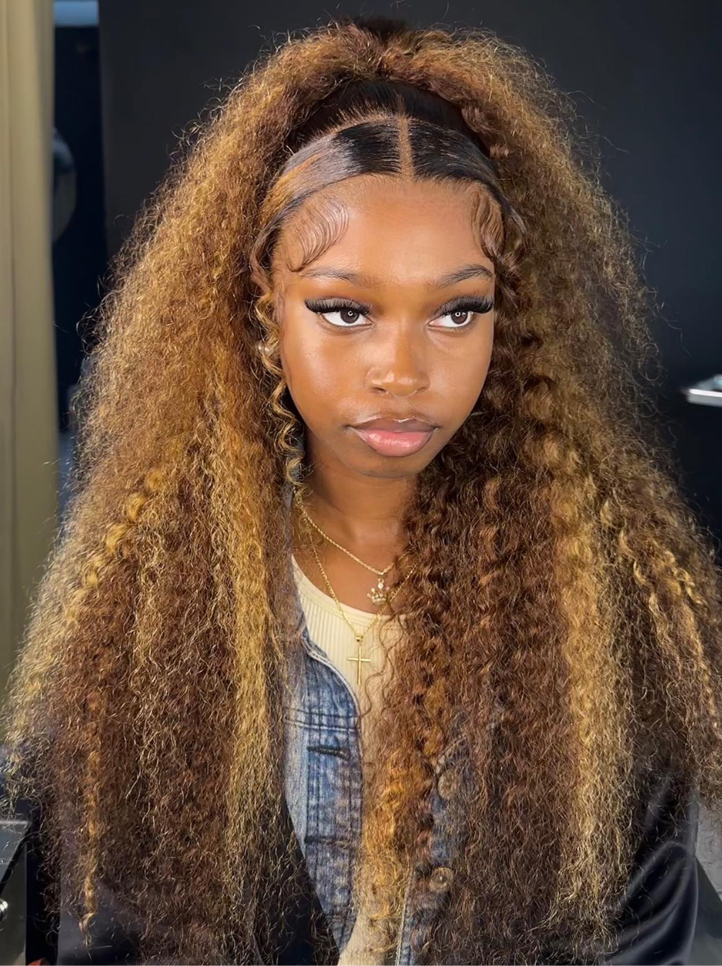 Dorsanee Crimped Beachy Deep Wave Curly 13x4 Lace Front Honey Blonde Brown Highlights Human Hair Wigs