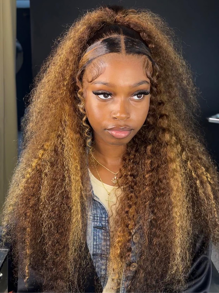 Dorsanee Crimped Beachy Deep Wave Curly 13x4 Lace Front Honey Blonde Brown Highlights Human Hair Wigs