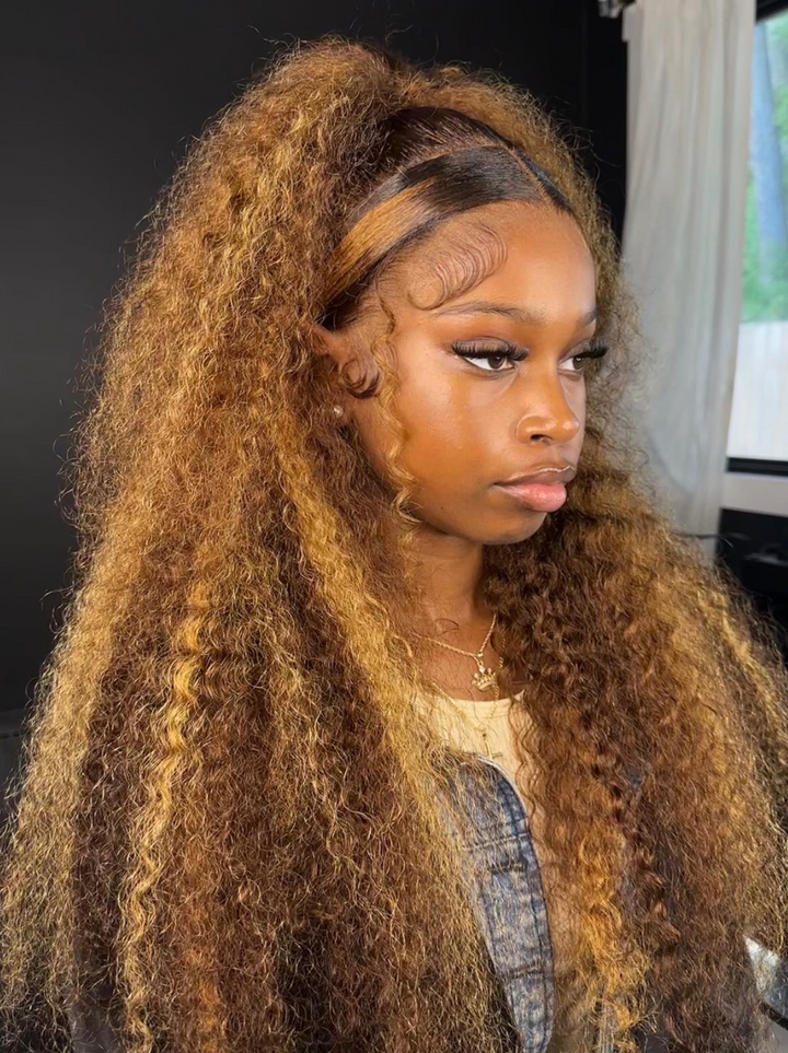 Dorsanee Crimped Beachy Deep Wave Curly 13x4 Lace Front Honey Blonde Brown Highlights Human Hair Wigs