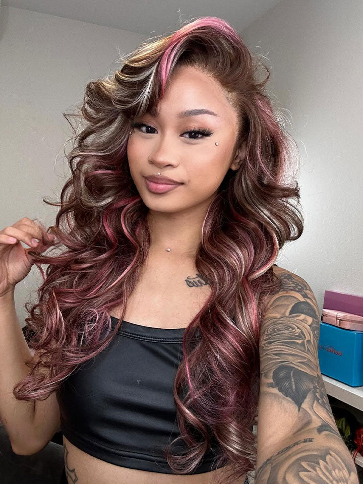 Dorsanee HD Lace 9x6 M-cap Highlights Ombre Blonde With Pink Body Wave Human Hair Wig